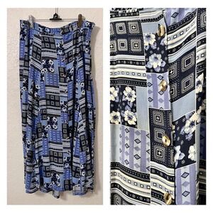 White Stag Womens Maxi Skirt Blue Patchwork Floral Print Button Front Boho Sz 14